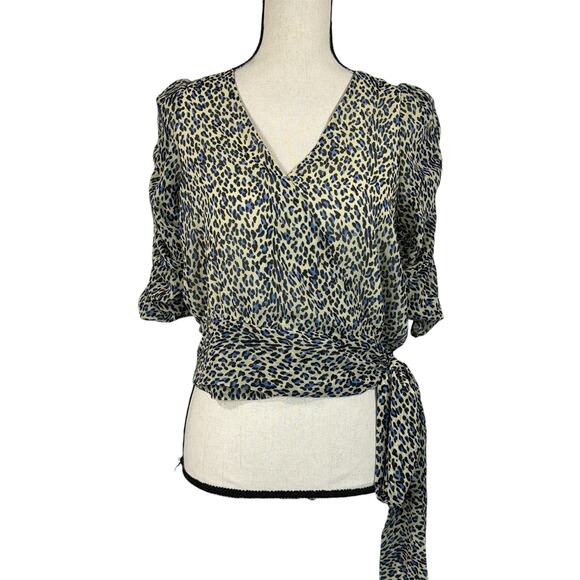 Buffalo David Bitton Small Tie Wrap Top Leopard Lined Surplice Puff Sleeve Multi - Picture 1 of 10